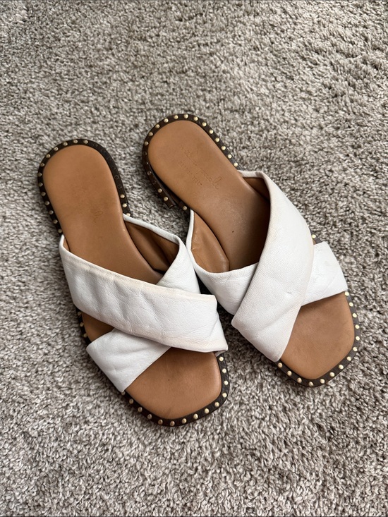 Mila Paoli Shoes - Worn White Crisscross Slide Sandals with Stud Trim